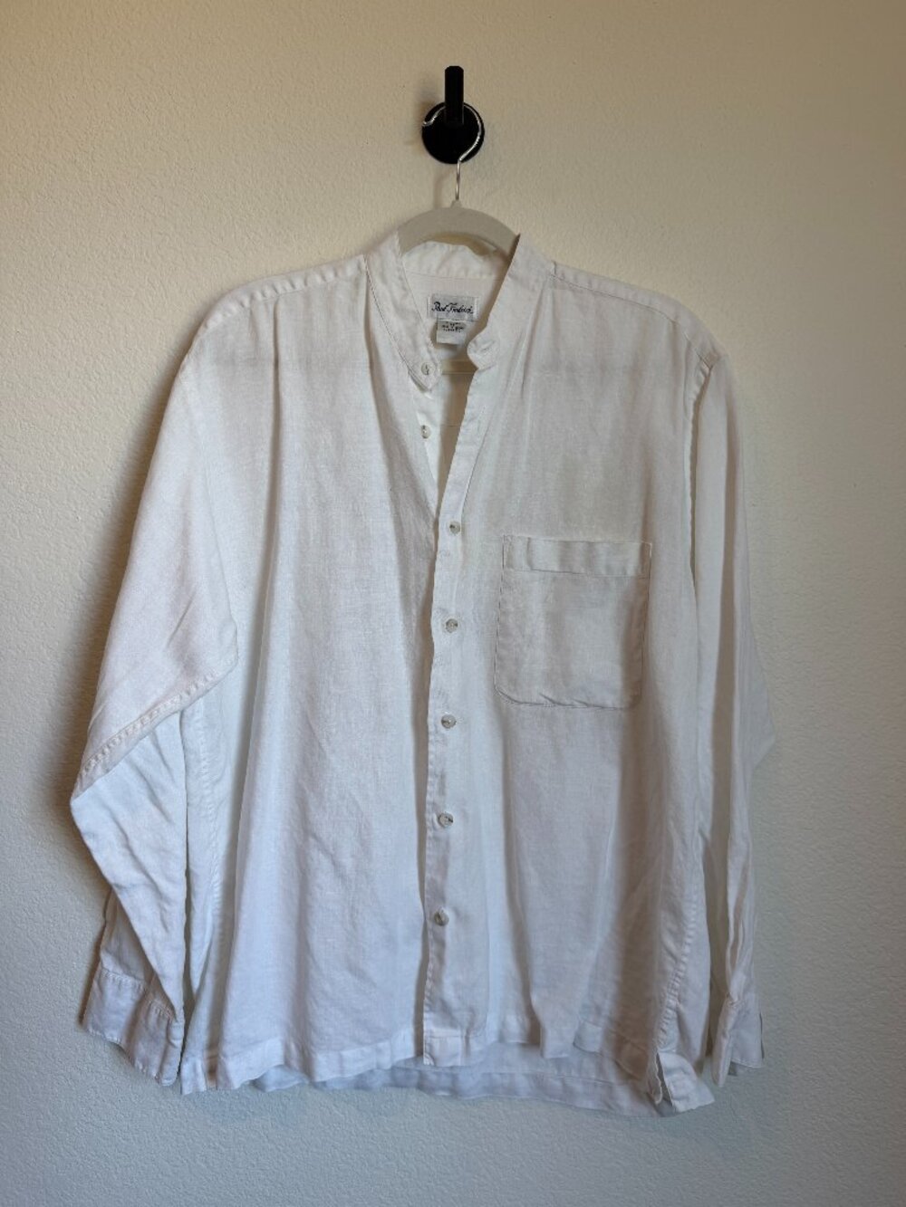 Paul Fredrick Mens Shirt 100% Linen White Beachy Mandarin Collar Button Down